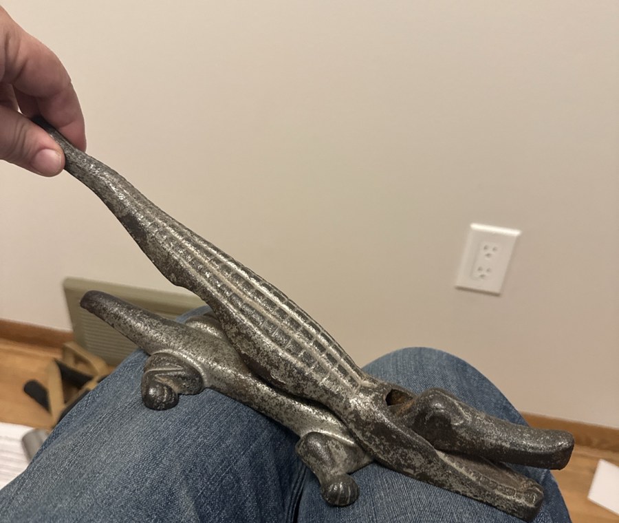 Actual vintage cast-metal alligator-shaped nutcracker, inspiration for a future Tringar promotional product