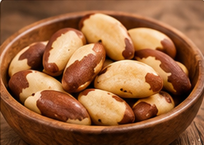 Shelled Brazil nuts in a wooden bowl